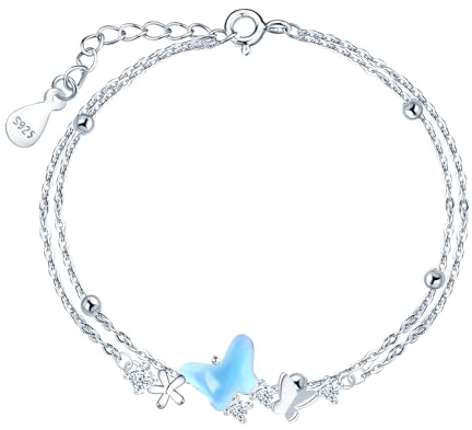 INFINIONLY Pulseras de Plata 925 con Circonita para Mujer Niña Elegante Pulsera Mariposa Piedra Lunar Azul con Creative Ajustable Doble Cadena de Ancla