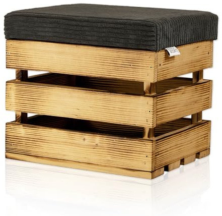 Lycce Pall med förvaringsutrymme, sittpall, trälåda flammad med vadderat lock, manchestertyg, mörkgrå 35 l (40 x 32 x 34 cm), sittkista med lagringsutrymme för sängkläder, handdukar, leksaker och