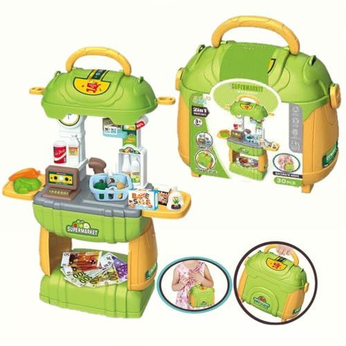 SGM Game Interaction Kids Supermarket Suitcase 2 in 1 Handbag Case & Backpack 30pcs Kids Pretend Play Toy For Kids Outdoor Party Occasional Toy PH-16 Green