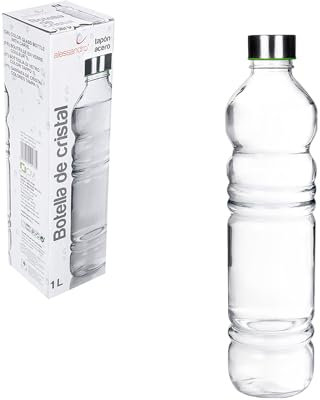 TWO TIGERS Bouteille d'eau en verre de 1 litre avec bouchon en acier - Réutilisable - Grande - Transparente et résistante - Passe au réfrigérateur et au lave-vaisselle - 8 x 31 cm