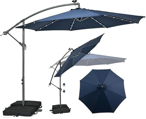 RELAX4LIFE Ampelschirm 300 cm mit 40 LED-Solar-Beleuchtung, Sonnenschirm Neigbar mit Kurbel, Kurbelschirm mit Ständer Sandsäcke(2 x Beutel befüllbar), Gartenschirm UV-Schutz (Blau)