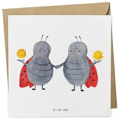 Mr. & Mrs. Panda Grußkarte Sternzeichen Zwilling - Geschenk, Glückskäfer, Marienkäfer, anlasskarte, faltkarte, Zwillinge, Zwillingsschwester, doppelkarte, Klappkarte, Glückwunschkarte