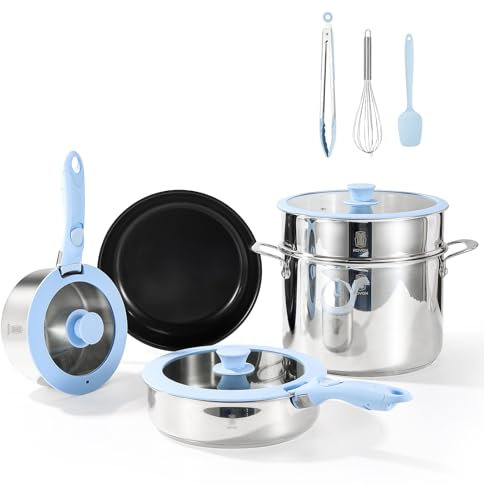 ROYDX 18/10 Edelstahl Topfset und Antihaft Keramikpfanne mit Abnehmbarer Griff und Deckel, Suppentopf, Stielkasserolle und Dämpfeinsatz, Induktions Töpfe Set ohne PFAS Pfoa und Ptfe Spülmaschinenfest