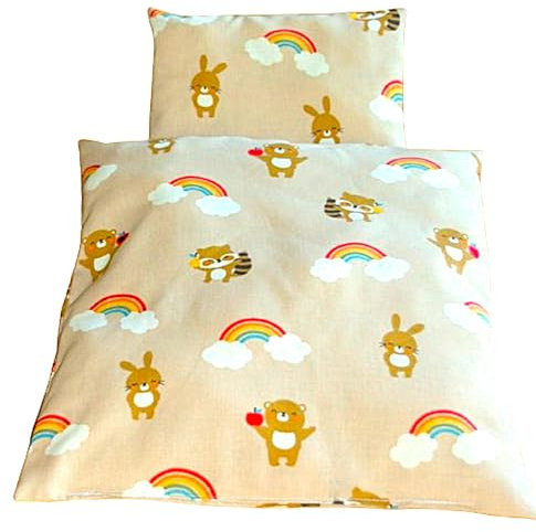 Für Puppenwagen: Bettwäsche-Garnitur Eulenkinder, Kopfkissen 16x22 cm Bettdecke 38x34 cm, 100% Baumwolle, 2 teiliges Set für Puppenbett bis 50 cm Länge.