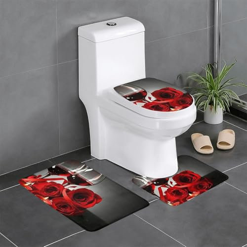 FLYIFE Badematten-Set mit Weinglas und Kerze, 3-teilig, Flanell, rutschfest, wasserabsorbierend, mit U-förmigem WC-Vorleger und WC-Deckelbezug