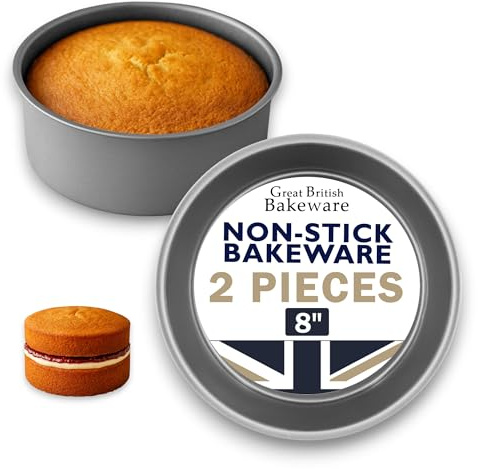 Great British Bakeware 2 Pack 8 Superior Double Coated Non-Stick Victoria Sandwich Cake Tin, 3 Deep Straight Sided, Oven Safe, Round Cake Tin, Fixed Base, PFOA & BPA Free Cookware, Made in England