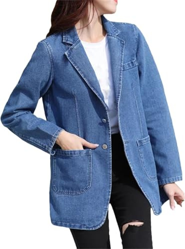 Veste en Jean à Revers pour Femmes Blazer Vintage à Deux Boutons Simple Boutonnage Poches décontractées Couleur Unie Veste de Bureau (Bleu,L)