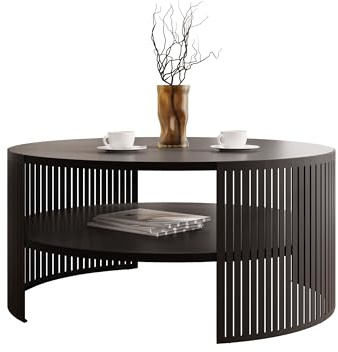 Mirjan24 Couchtisch Fahugin, runde Form (Schwarz Molet, Schwarz) | Kaffeetisch mit praktischem Ablageboden, Ø 75 cm, stabilem Metallgestell und pflegeleichter Tischplatte
