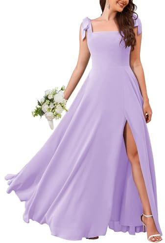 HPPEE Vestidos de dama de honor de gasa para mujer, para boda, fiesta, con abertura, vestido largo formal de noche, Lila, 38