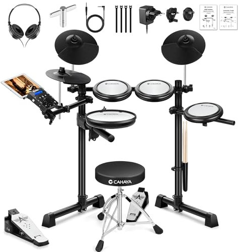 CAHAYA E-Drum Set mit Mesh-Fellen: Dual Trigger Pads und 350 Sounds – Elektronisches Schlagzeug mit großem 8 Snare Pad, Komplettset mit Schlagzeughocker, Kopfhörer, Sticks – für Anfänger Kinder