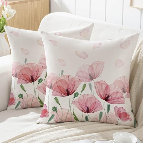 Jayusaror Kissenbezug 40x40 Frühling Rosa Blumen Blätter Outdoor Sofakissen Landhausstil Kissenhüllen Dekokissen Kissen Couchkissen Kissenbezüge Zierkissenbezug Garten Sofa Deko，2er Set