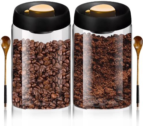 2PCS Vacuum Coffee Canisters with Airtight Lids and Wooden Spoons for Coffee, Borosilicate Glass Mason Jars Vacuum Sealer Kit, Grounds Coffee Bar Accessories for Tea, Beans, Spices, Sugar, 1200ml