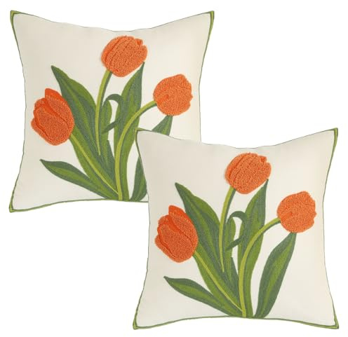 Kissenbezug 45x45 Frühling Baumwolle 2er Set, Kissenbezüge Floral Frühling Deko Dekokissen Kissenhüllen Rosa Boho Zierkissenbezüge Kissen Tulpe Sofakissen Kissenbezug für Heimdekoration (Orange)