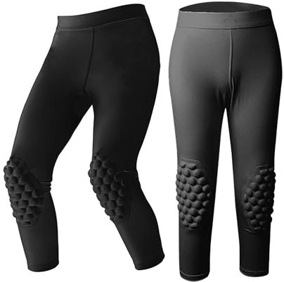Youth Boys 3/4 Compression Pants with Knee & Taibone Pads Basketball Tights Football Soccer Leggings Sports(Black,YL)