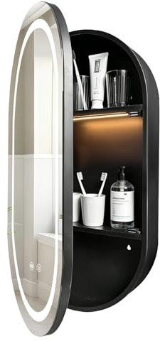 Janboe Oval Spiegelschrank Bad mit Beleuchtung,LED-Spiegelschrank für das Badezimmer,3 Farbtemperaturen & Helligkeit einstellbar,Rasierdose mit USB-Anschluss,Innenbeleuchtung,41cm×71cm