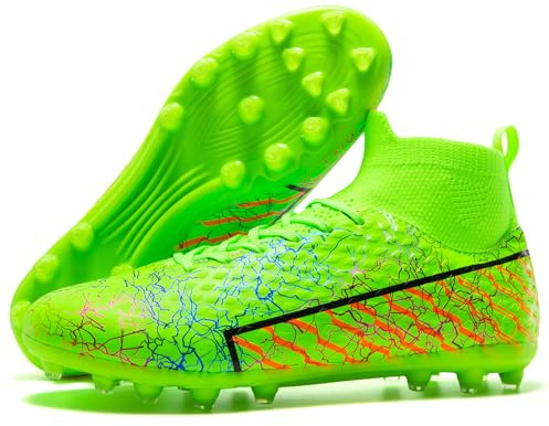 Kids Soccer Cleats Boys Girls, Easy On High-Top Shoes with Secure Ankle Fit | Breathable Sock-Fit Design, Lightweight Comfort & Durable Synthetic Leather with Multi-Surface Grip for Training & Games