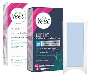 Veet Kaltwachsstreifen für Beine & Körper – 40 Doppelstreifen (80 Einzelstreifen) – Für alle Hauttypen inkl. sensible Haut – Easy-Gelwax Technology – Haarentfernung