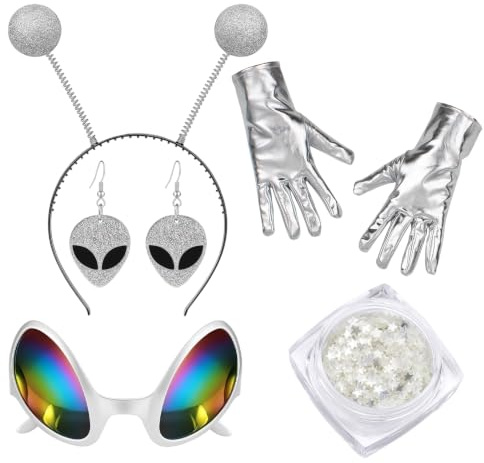 DvBCNMe Alien Kostüm, 5-Teiliges Set Mit Alien Brille, Alien Haarreif, Handschuhen, Sterne-Highlights Und Ohrringen, Ideal Für Halloween, Karneval Und Cosplay