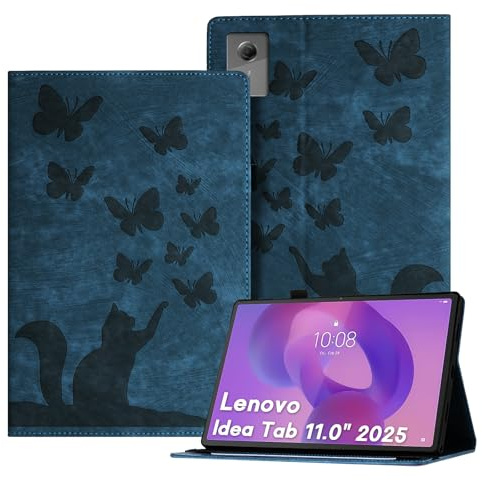 Auslbin fodral till Lenovo Idea Tab 11 tum surfplatta 2025 TB-336ZU TB-336FU, retro PU-läder med stativfunktion och pennhållare surfplatta präglat skyddande fodral fjäril och katt tema fodral blå