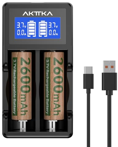 2 Piles Rechargeables, 3,7 V, 2600 mAh (avec Chargeur à 2 emplacements) – avec Bouton supérieur, adaptées pour Les Lampes de Poche LED, Les Lampes frontales, Les Jouets et Les appareils électroniques