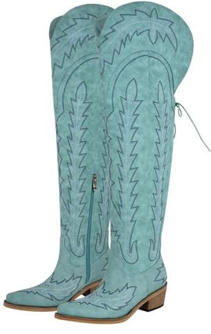 UJEDFHV Knähöga cowboystövlar för kvinnor över knäet fuskläderstövlar för cowboy för justerbar lårhög cowgirl, Sh230901i, 41.5 EU
