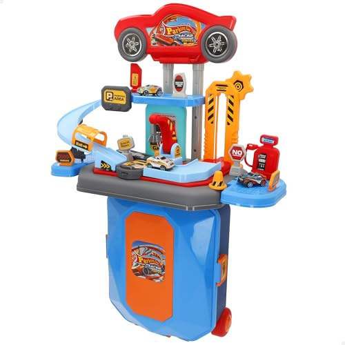 ColorBaby Speed & Go Garaje 2 en 1, maletín de Coches para niños, Incluye 3 vehículos y Accesorios, Parking de Varias Plantas, con Ascensor, rampa y surtidor, Juego portátil (39539)