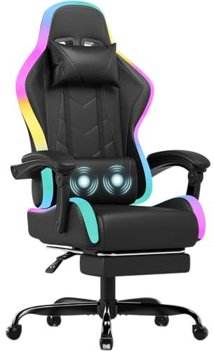 JUMMICO LED Gaming Chair with Massage Lumbar Support & Footrest, Ergonomic Reclining Gamer Chair for Adults, High Back PU Leather PC Chair with RGB Lights, Black