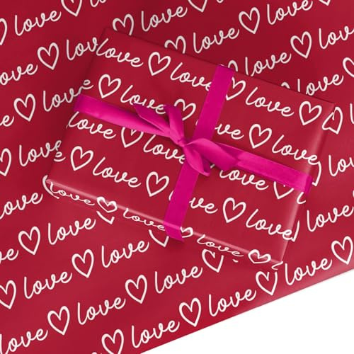 Love Script Wrapping Paper - Wedding Anniversary Birthday Valentines Day Gift Wrap for Couples Women and Men - Red and White Love Text Design Present Paper Made in the UK - 2 Sheets (50x70cm)
