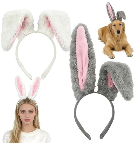 CLIUNT 2 Stück Hasenohren Haarreif, Grau Und Weiß Hasenohren Kostüm, Hasenkostüm Damen, Hasen Ohren, Bunny Ears Headband für Karneval, Halloween & Cosplay