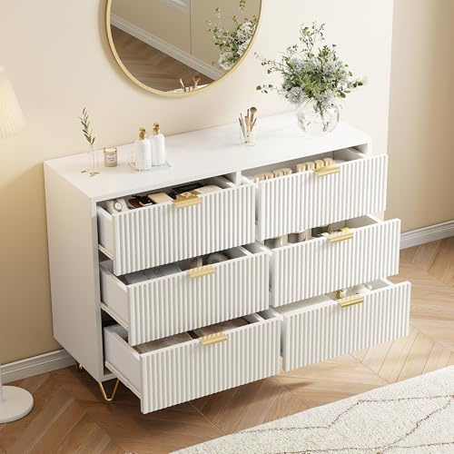 NLDGR White Chest of Drawers, Dresser for Bedroom with 6 Drawers,Wide Storage Organiser Wooden Dresser with Gold Metal Legs, 6 Drawers Storage Unit for Closet,Nursery,Bedroom,Living room