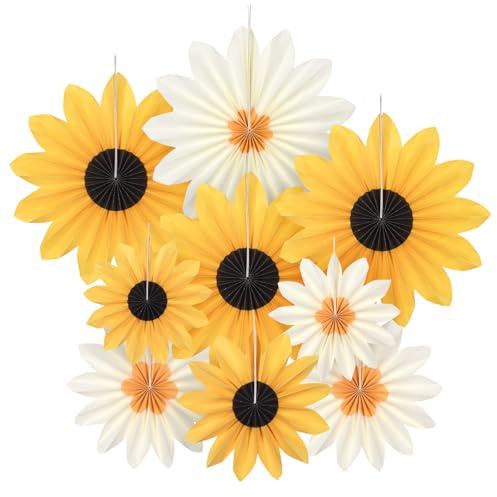 AUAUY 9 st pappersfläktar, fläkthängande blomkrans, solros-tema festdekorationer, runda pappersfläkt för födelsedagar, karnevaler, bröllop och festivaler