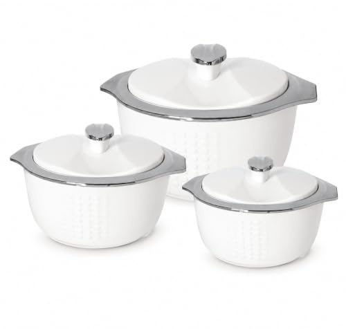Homsmyth Insulated Casserole Dishes with lids Set of 3 (2L, 3L & 5L) with Glass Lids, Stainless Steel Inner Thermal Food Warmers, PU Insulated Hot Pot Serving Dishes for keep food warm (White)