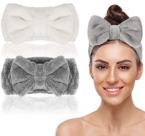 2 Pack Bowknot Spa Headband, Soft Coral Fleece Facial Makeup Hair Wrap Makeup Fluffy Headband for Women Girls Washing Face Skincare, White and Grey