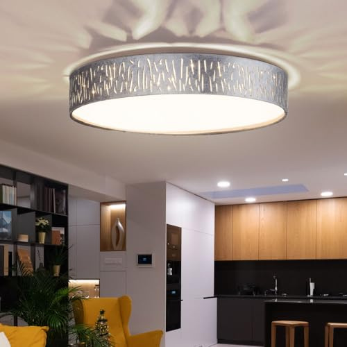 Deckenlampe LED Deckenleuchte rund Wohnzimmerlampe mit Stoffschirm in grau, Metall Samt, silber weiß, 1x LED 1x 24 W 1120 lm 3000K, DxH 40x10,5 cm