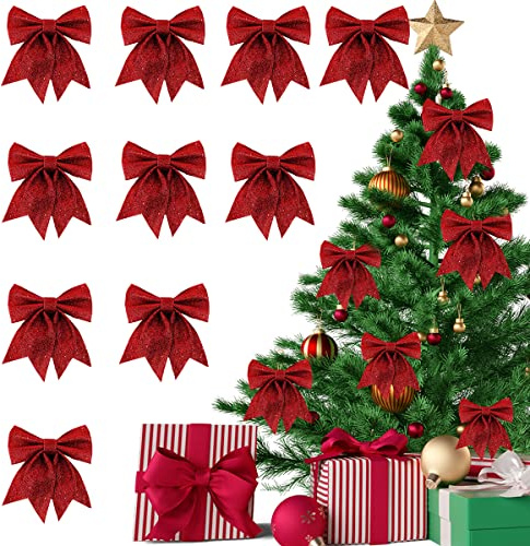 XiXiRan Noeud Rouge Noel, 10 pièces Noeud Sapin de Noel Rouge, Décoration Sapin de Noël pour Les Suspensions d'arbres de Noël, Décorations de Boîtes de Cadeaux, Décorations de Fêtes