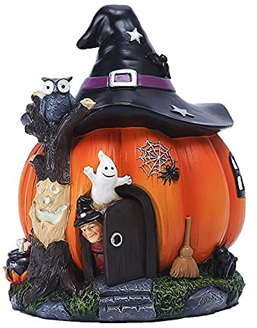zalati Estatua de calabaza para decoración de casa de resina con sombreros de bruja, calabaza naranja casa de hadas para Halloween, jardín en miniatura, decoración del hogar