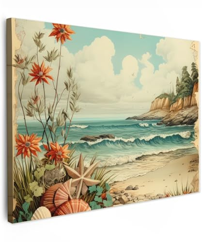 MuchoWow© Wandbilder 80x60 cm Wohnzimmer Wanddeko Schlafzimmer Zimmerdeko Fotowand Zimmer Deko Wand Dekoration Wall Art Vintage - Meer - Felsen - Pflanzen - Natur