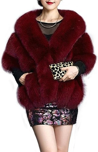UMREN Women's Luxury Party Faux Fox Fur Long Shawl Cloak Cape for Winter Burgundy A