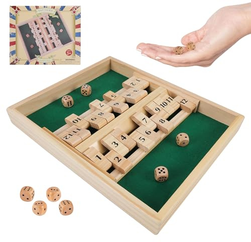 GOTHINK Wooden Shut The Box - Fun Table Math Game with Wooden Board for Adults & Kids - 12 Spots Dice Game with 4 Dices for 2+ Player Games, Popular Pub Board Game, Ideal for Game Night, Travel