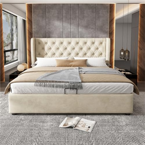 Cama Hidráulica Tapizada Forma De Oreja Costuras Botones Cama Doble King Size Con Somier Espacio Almacenamiento Caja Cama Juvenil Para Adultos Jóvenes Cama De Invitados Para Dormitorio Beige 180x200