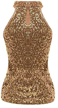 Damen Neckholder Pailletten Tanktop Shirt Hinten Offen Glitzer Tops Sexy Ärmellos Pailletten Oberteil Festlich Bluse Shirt Slim Fit Sparkle Glitzershirt Top für Party Einheitsgröße