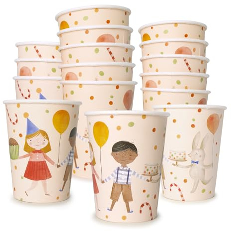 PARTY PARTY 16 Kindergeburtstag Partybecher 220 ml, Waldtier Geburtstag im Vintage Stil, bunte Pappbecher mit Hase und Bär, Kleinkind Geburtstag Jungen Mädchen für Heiß- und Kaltgetränke