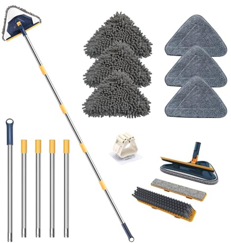 ShinyDew Wall Cleaner Mop with Long Handle 76 Inches, 3-in-1 Ceiling Cleaning Tool Duster with 6 Replacement Microfiber Chenille Pads for Painted Walls, Window | Cleaning Dust Mop with 6 Pads, Squeegee, Scrubber, Wall Washer Tool for Painted Wall, Ceiling, Baseboard, Window, Floor