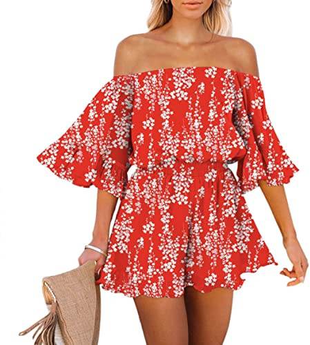 Pink Queen Damen Trägerlos Boho Jumpsuit Mini Kleid Rüschen Strampler Shorts Schulterfrei Sommer Spielanzug Rot M