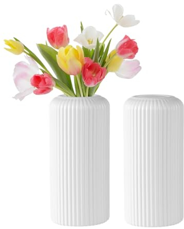 Fyfjur Plastic Vase For Flowers, 2 Pcs Striped Modern White Flower Vases for Living Room Office Wedding Decoration (20 x 10cm)