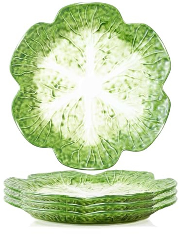 KXZ 10.5 Inch Cabbage Plates, Set of 4 Green Ceramic Salad Plate, Porcelain Decorative Plates for Kitchen, Round Appetizer Bowl for Dessert, Decorative, Dinner, Pancakes, Steak