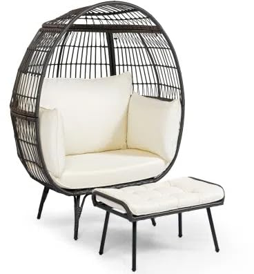 GIANTEX Fauteuil de salon d'extérieur en rotin, fauteuil en osier avec tabouret, fauteuil papasan d'extérieur avec coussin, fauteuil en rotin avec structure en métal, fauteuil d'extérieur XXL pour