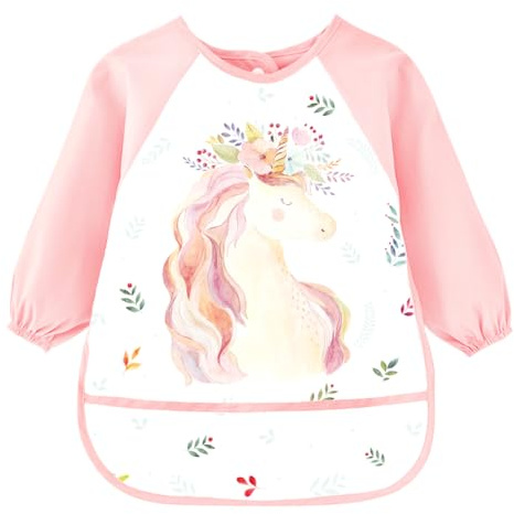 Montrestar Delantal Infantil Impermeable 3-8 Años Niños y Niñas, Bata Pintura Infantil con 3 Bolsillos y Mangas Largas, Babis Escolares para Pintura, Artes, Escuela, Tema Unicornio-A