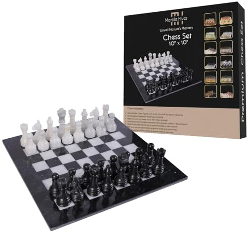 Handgefertigtes Marmor-Schach-Set (Schwarz & Weiß) (25,4 cm Schach) | Handmade Marble Chess Set - Luxury Handmade Marble Set - Chess Sets for Adults - Premium Quality Boards