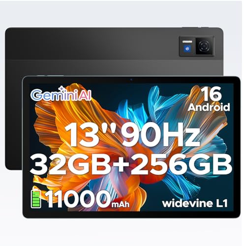 DOOGEETab U13 Tablette 13 Pouces, Tablette Android 16 Écran FHD+ 90Hz,32Go RAM + 256Go ROM (Ex to 2To), Unisoc T7280, 11000mAh Batterie, 18W Charge Rapide, WiFi 5, Widevine L1,GPS,Face ID/3.5mm